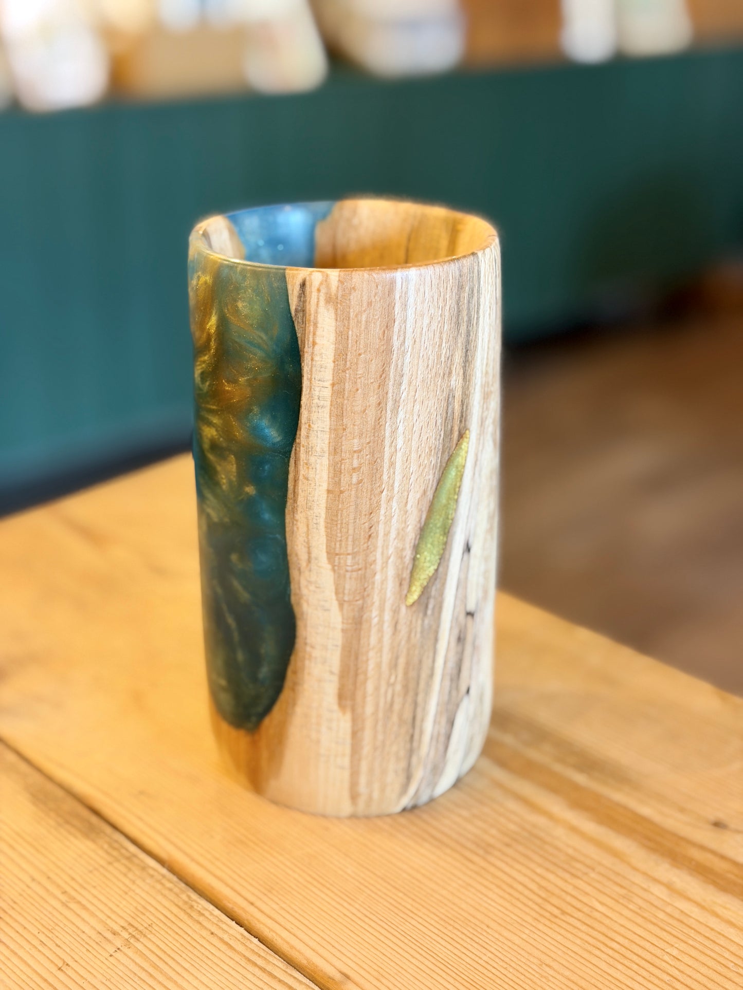 Spalted Beech Wood & Blue Resin Vase