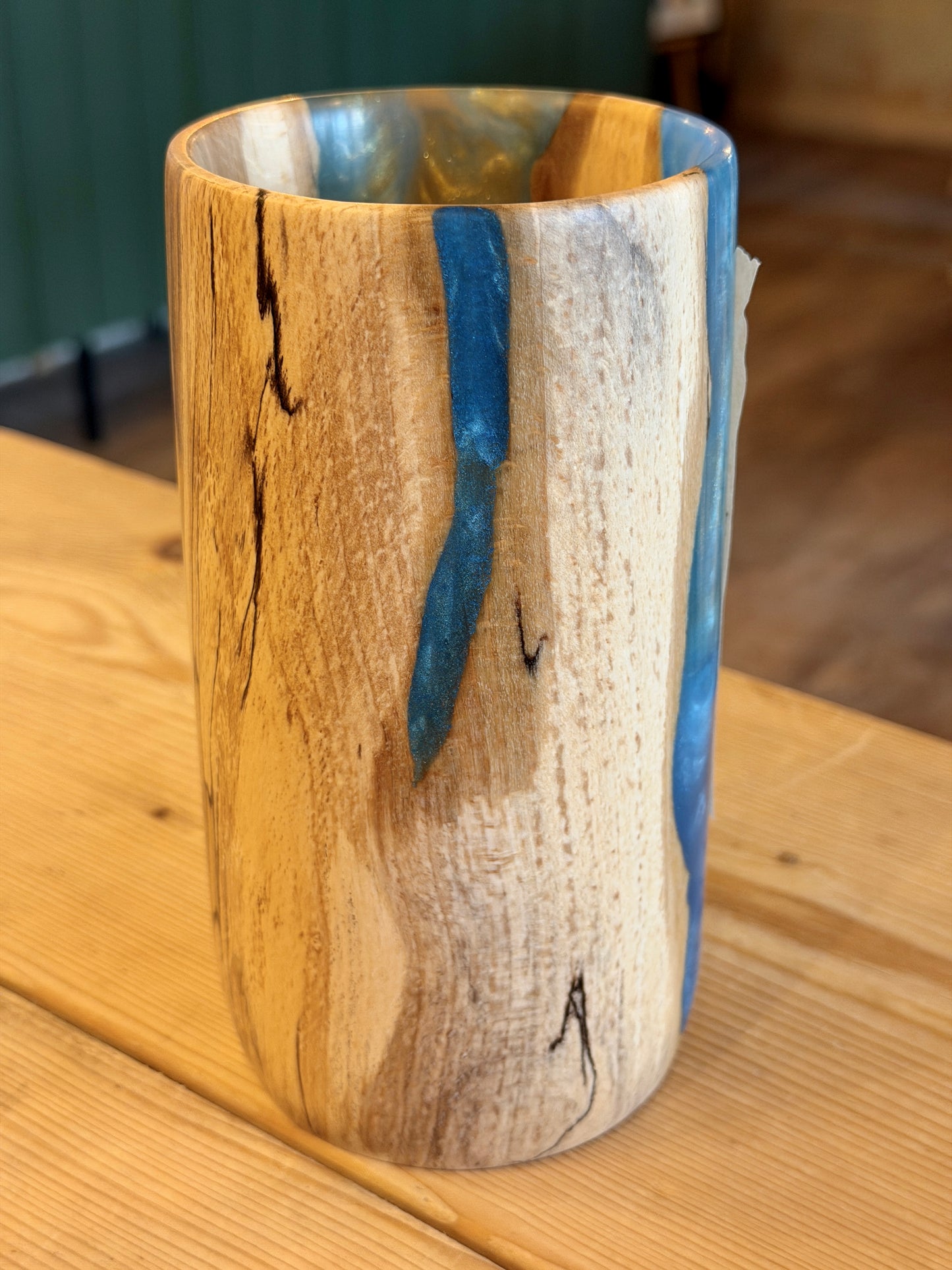 Spalted Beech Wood & Blue Resin Vase