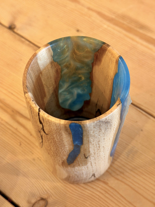 Spalted Beech Wood & Blue Resin Vase