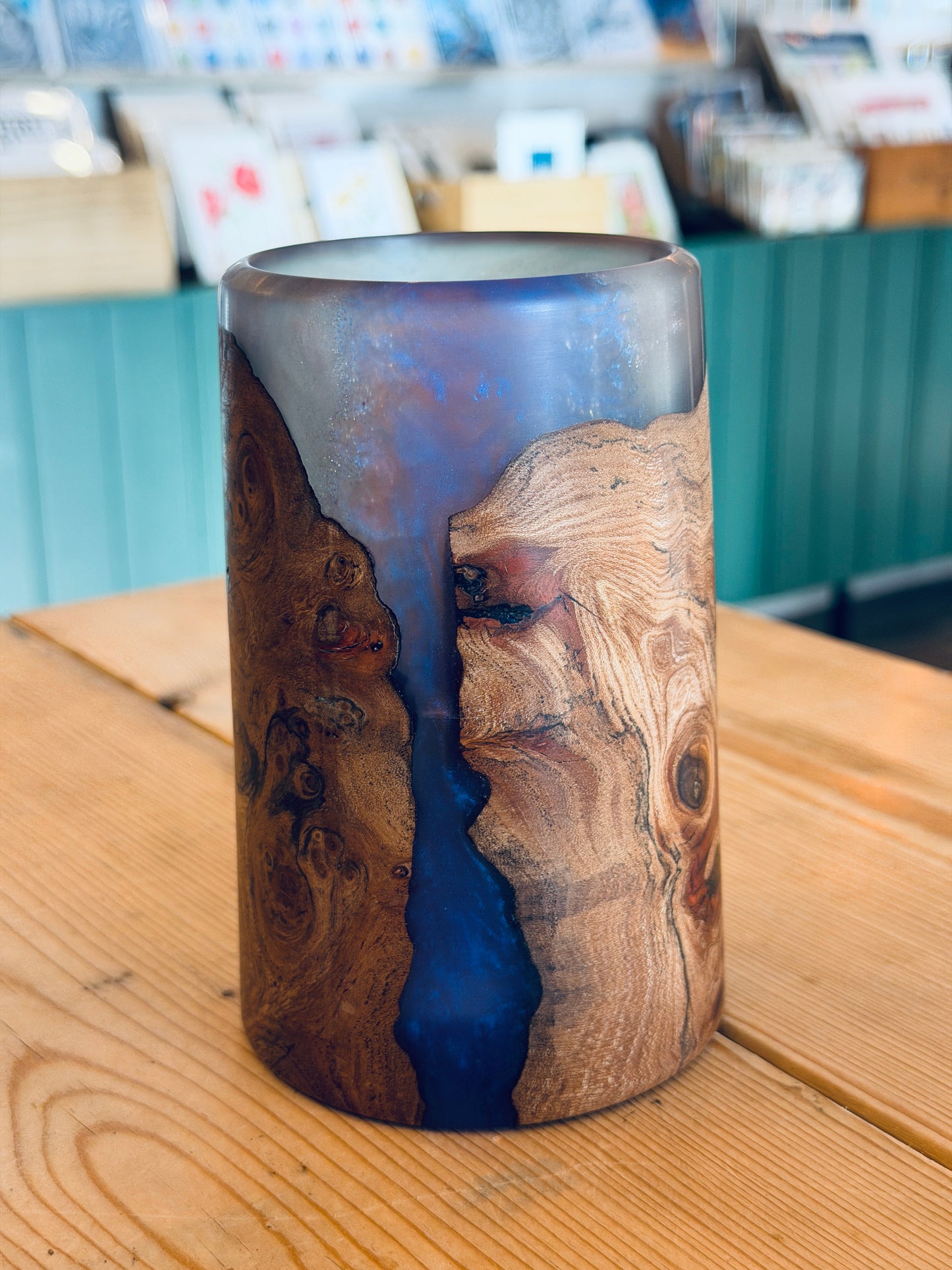 Walnut Wood & Purple & Pink Resin Vase