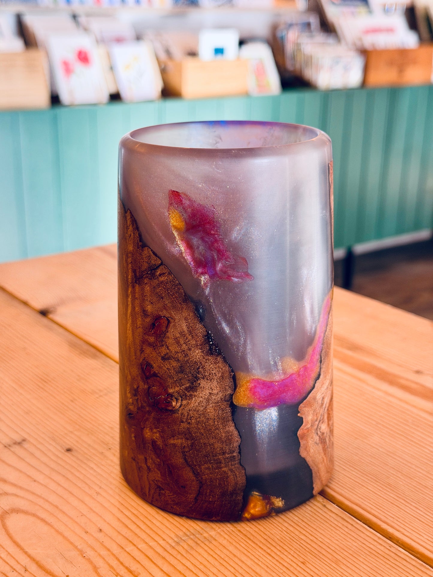 Walnut Wood & Purple & Pink Resin Vase