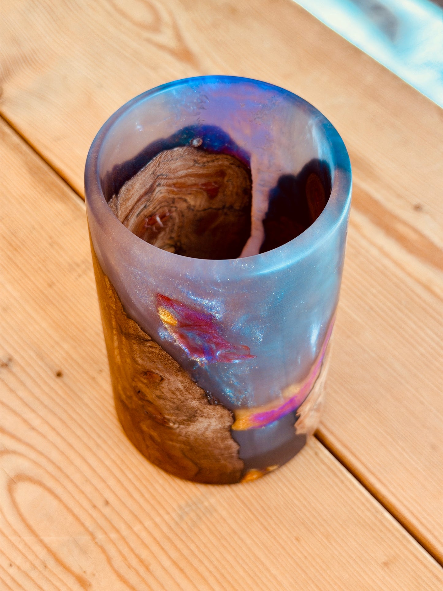Walnut Wood & Purple & Pink Resin Vase