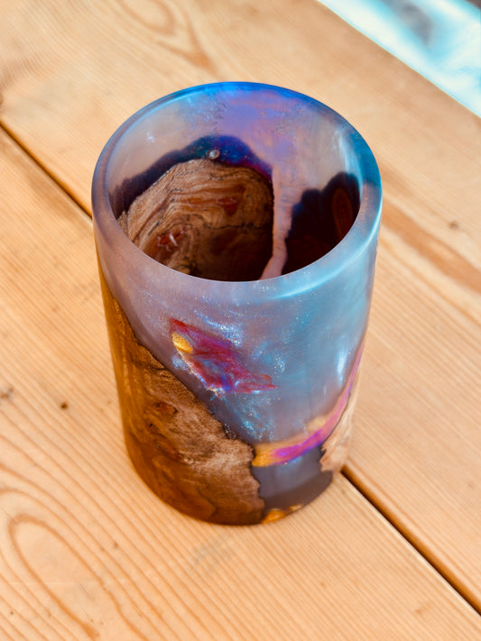 Walnut Wood & Purple & Pink Resin Vase