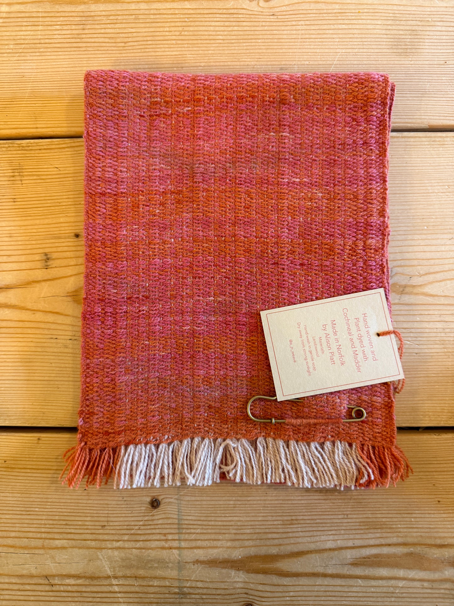 Handwoven Lambswool, Plant Dyed Scarf With Pin.