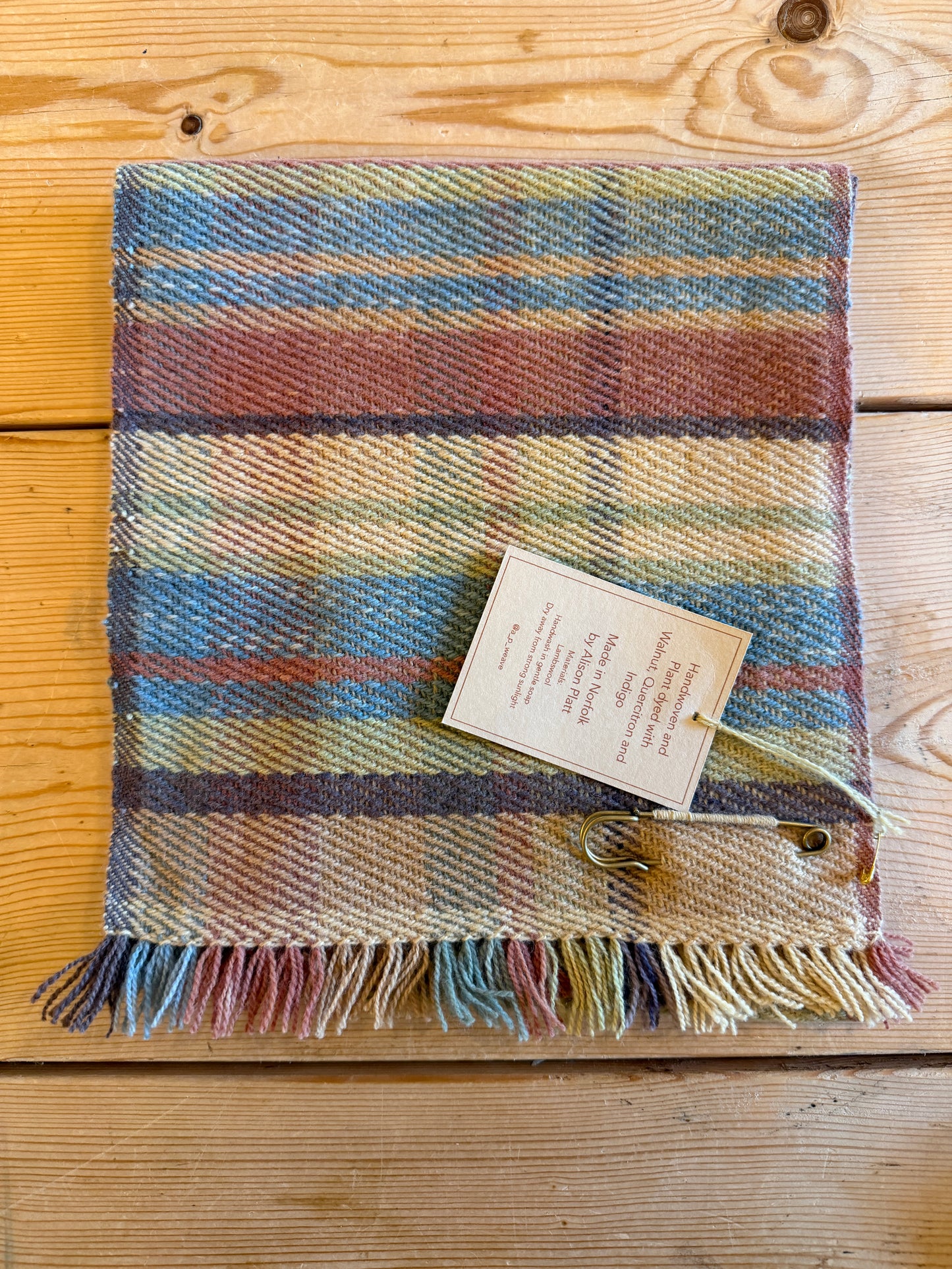 Handwoven Lambswool, Plant Dyed Scarf With Pin.