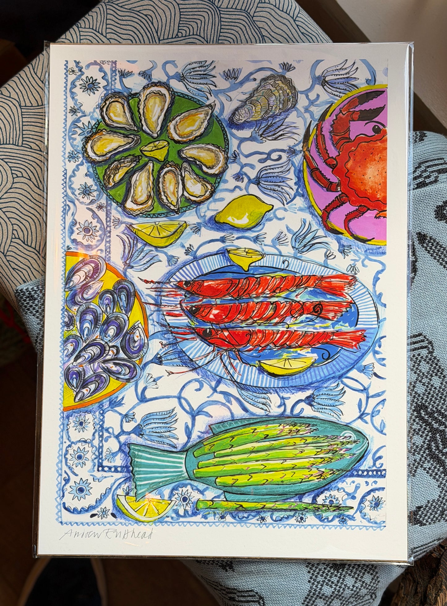 Seafood on blue tablecloth