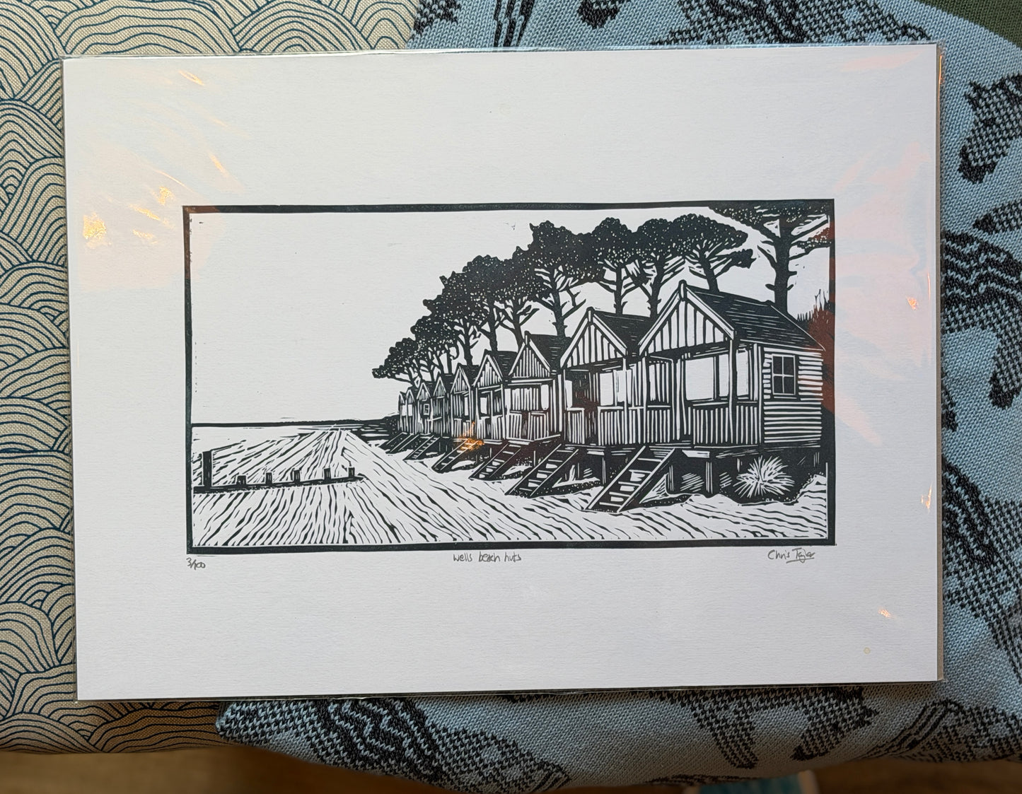 Wells beach huts in the gloaming - linocut print design