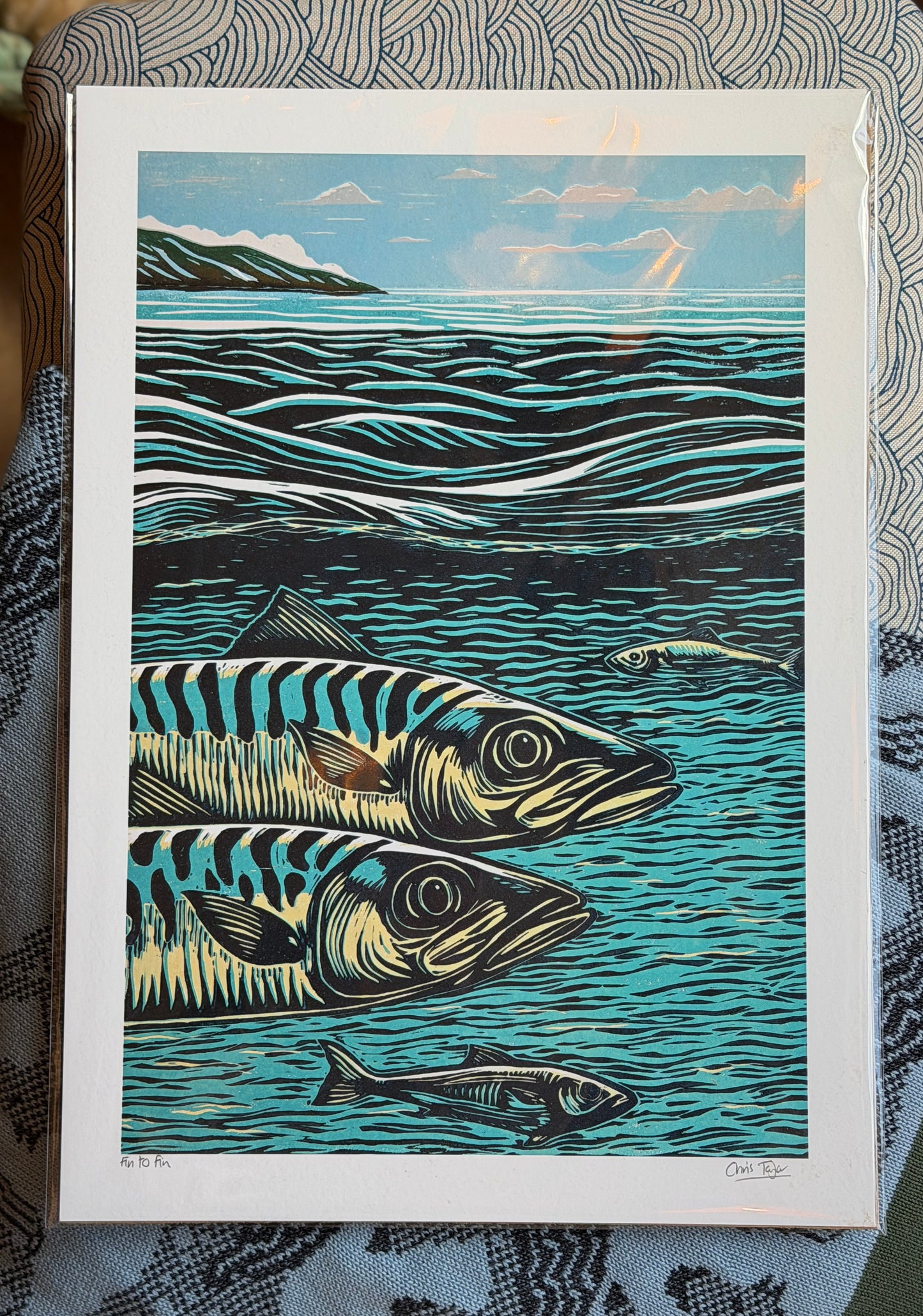 Fin to Fin Lino Print - Mackerel above & below - A3