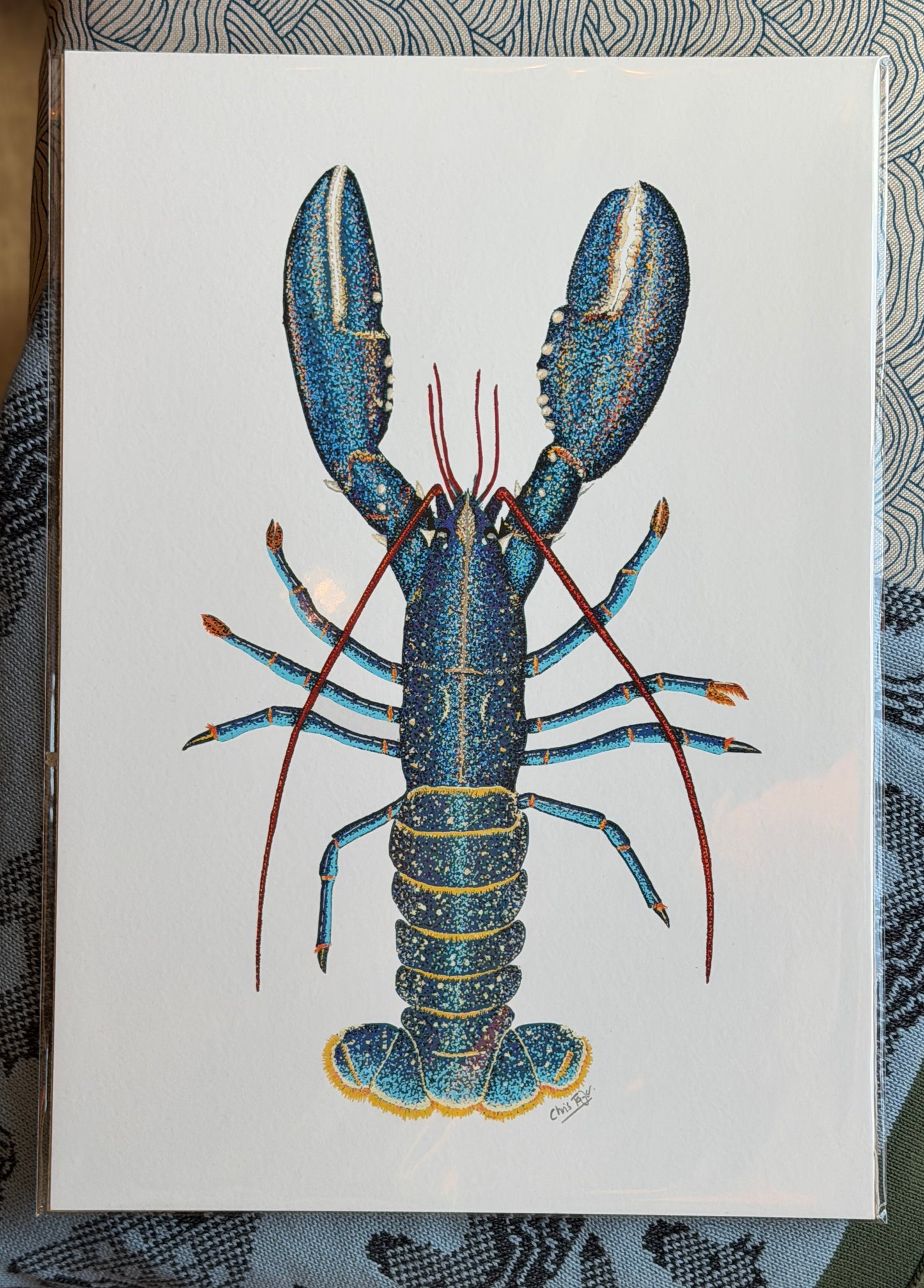 Sheringham lobster -  A3 mixed media print - linocut with watercolour paint dots