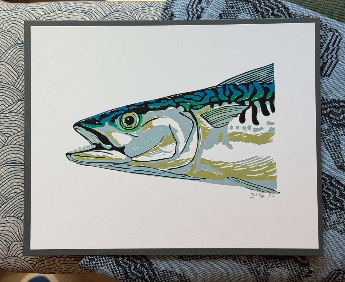 Mackerel head - a five colour linocut print