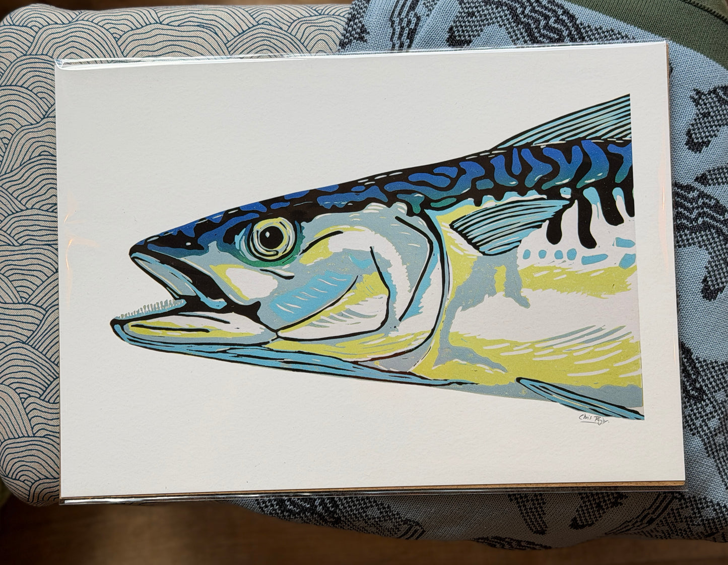 Mackerel head - a five colour linocut print