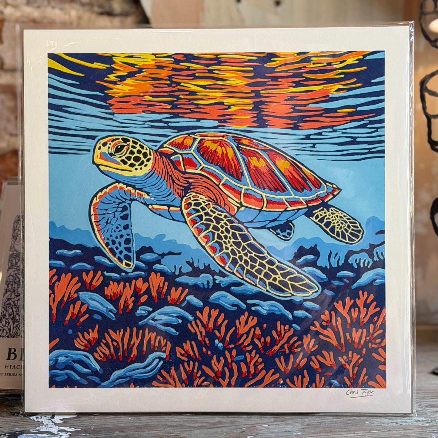 Swimming turtle - linocut print