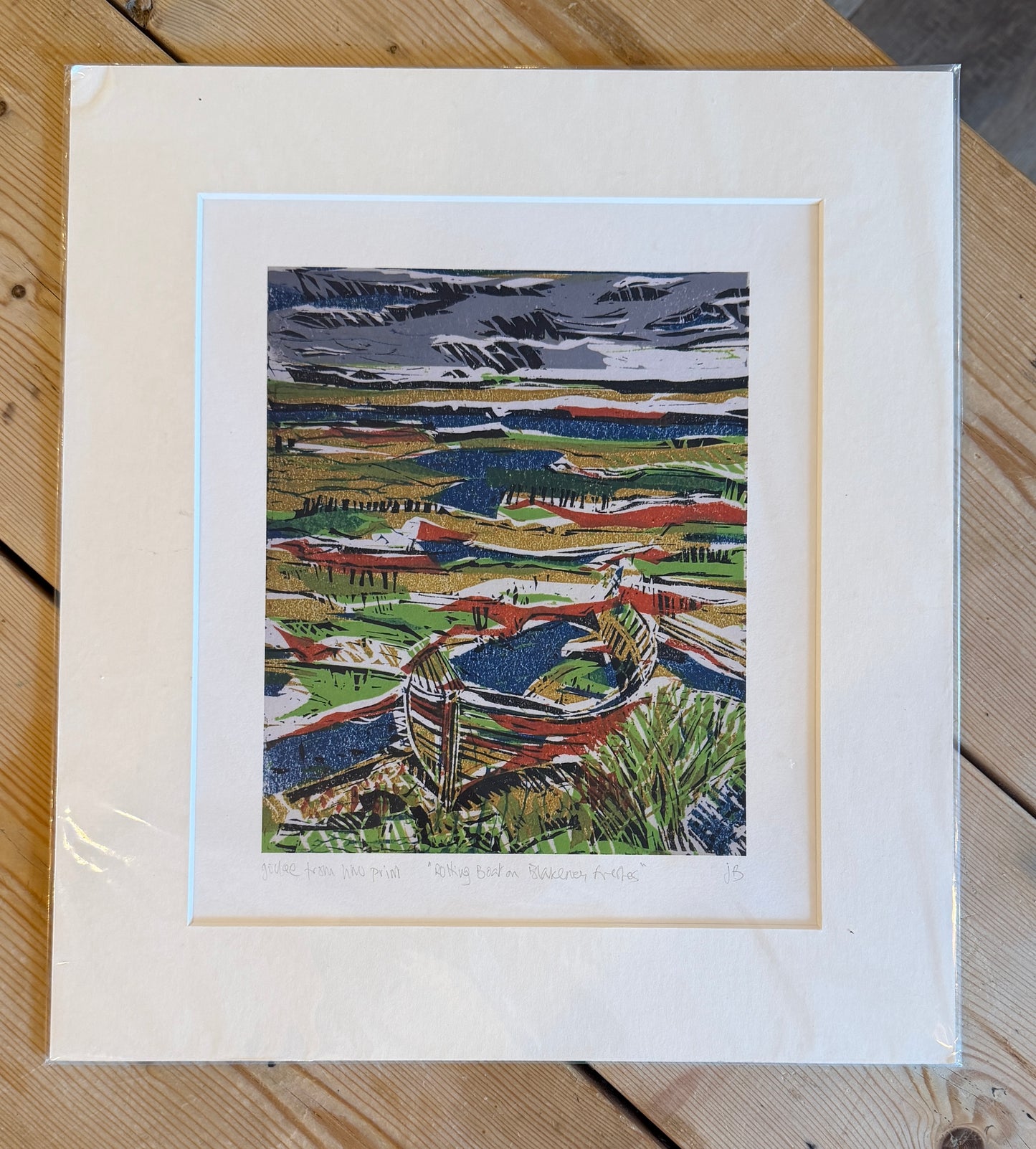 Rotting boat on Blakeney Freshes - giclee print of linocut