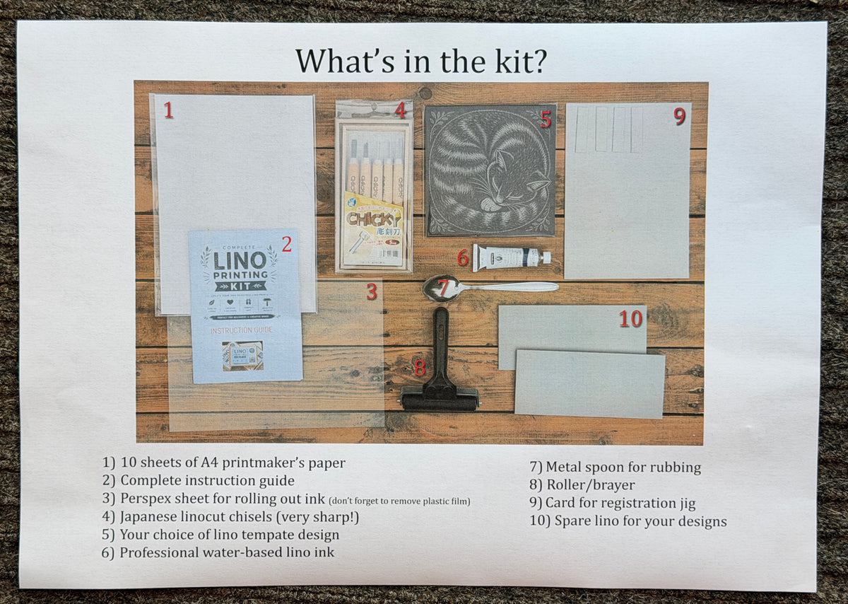 Lino Printing Kit VERSION 2 - with Pre-printed Lino carving guide designs + extra lino designs available
