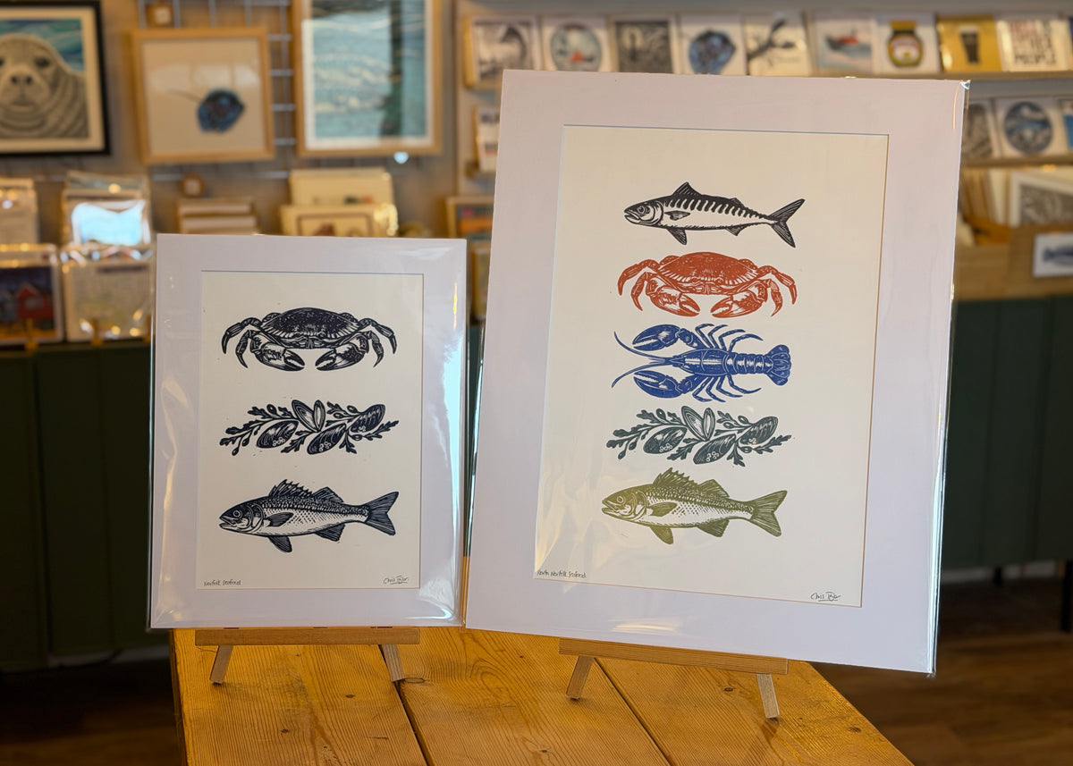 North Norfolk's Seafood/Marine Life linocut prints