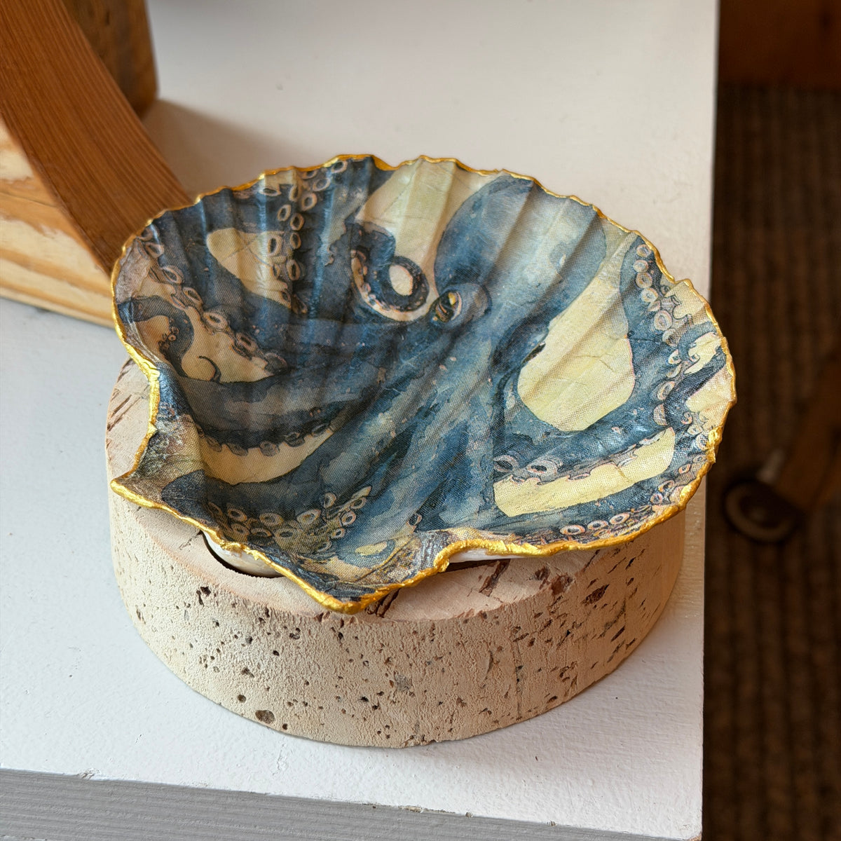 Decoupaged Scallop Shells set into cork base - various designs