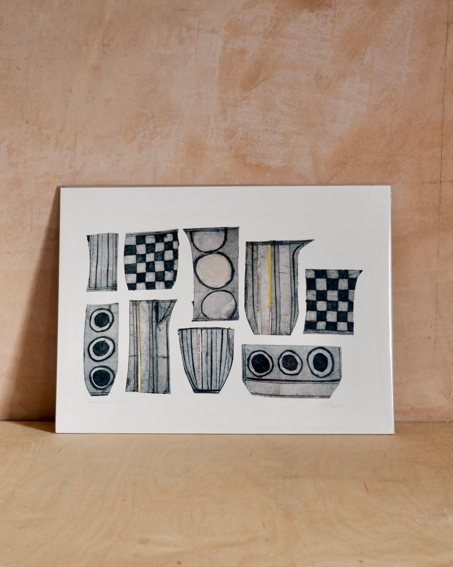 caroline taylor art illustration collograph collage Grey Vases print unframed