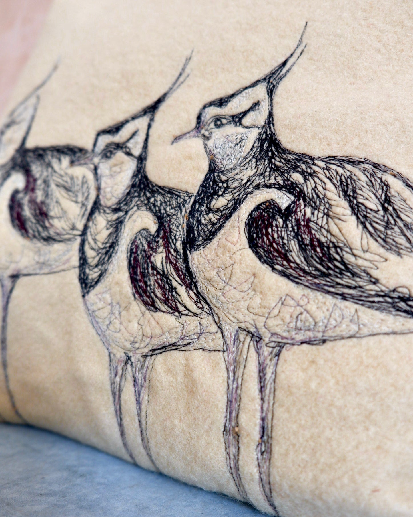 anna osbourne the speculating rook textiles embroidery screen print homeware Lapwing Cushion