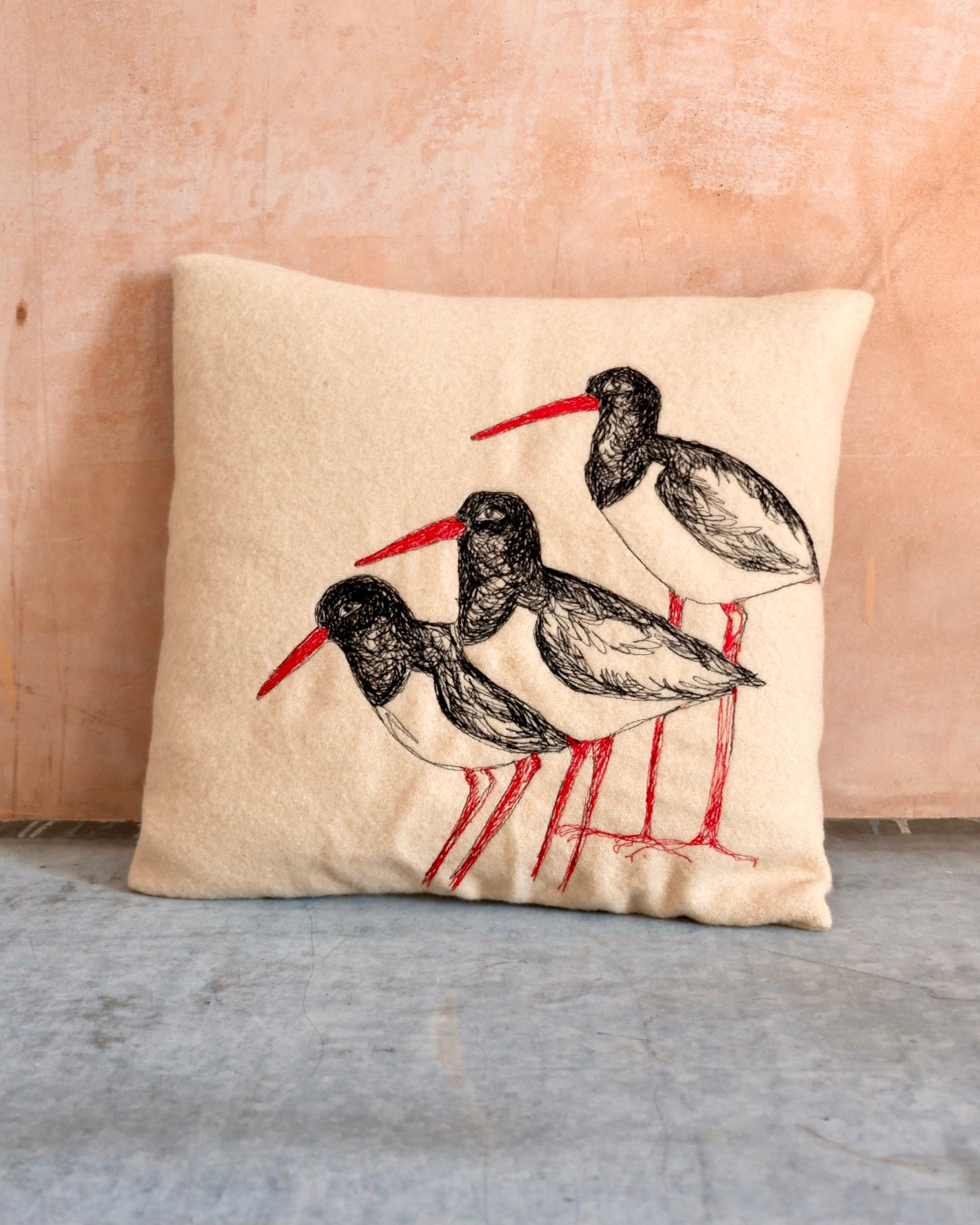 anna osbourne the speculating rook textiles embroidery screen print homeware Oystercatchers Cushion