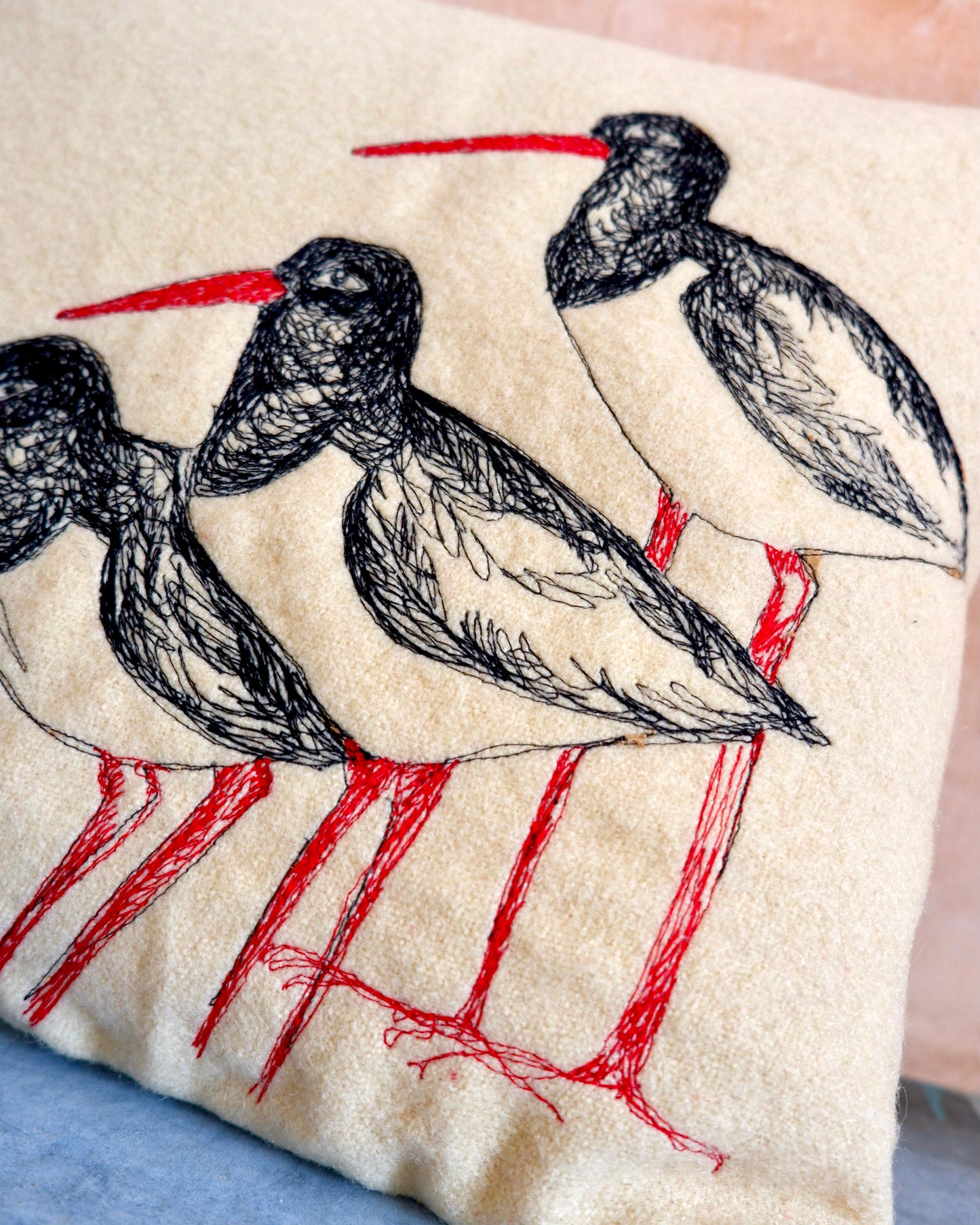 anna osbourne the speculating rook textiles embroidery screen print homeware Oystercatchers Cushion