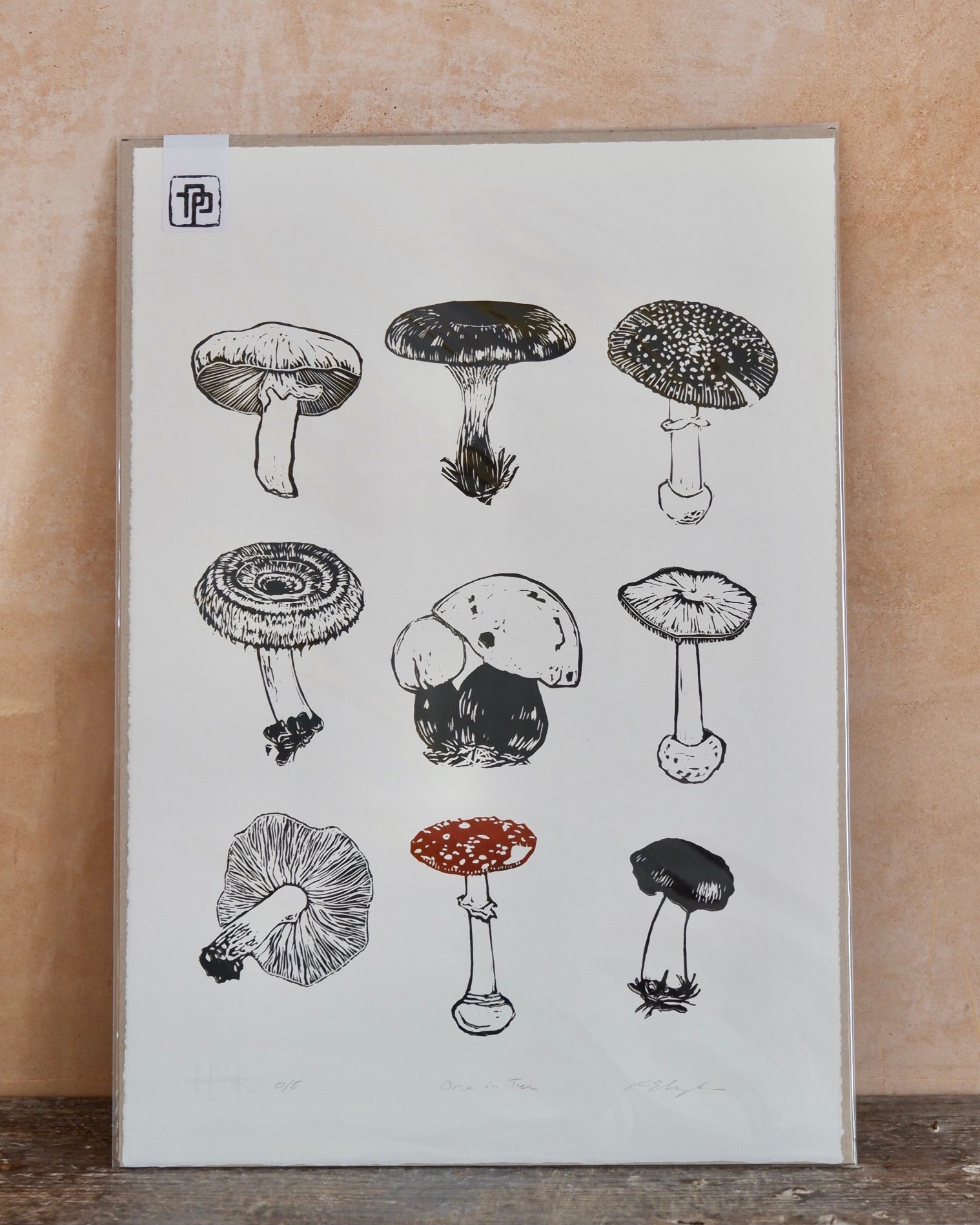 the pepper press lino cut print black and white handmade prints mushroom linocut 