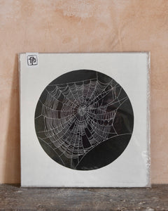 the pepper press lino cut print black and white handmade prints web spider nature print